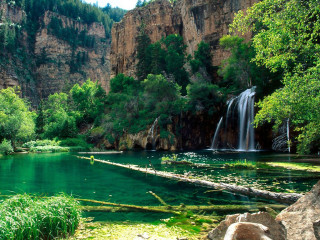 Waterfall green water rocks cliff - green water free wallpaper