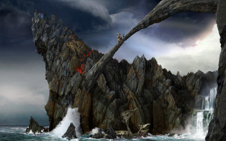 Waterfall bird mountain fantasy matte 2 - a painting of a waterfall free wallpaper