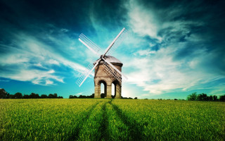 Windmill green field blue sky - a green field free wallpaper for desktop