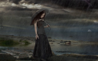 Woman dress umbrella rain storm - a long dress holding free wallpaper