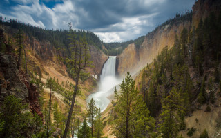 Waterfall canyon trees river cloudy 2 - ansel adams free wallpaper