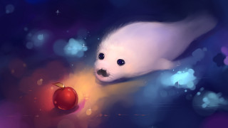 White animal apple blue background - soft painting free wallpaper