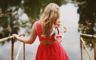 Woman red dress bridge outdoors - free hearts wallpaper