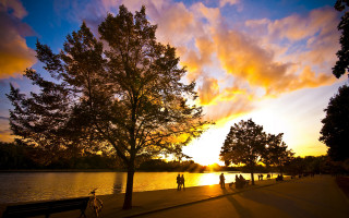 Sunset lake people trees dusk - the sidewalk free wallpaper