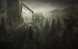 Man forest windmill night lantern - free halloween wallpaper