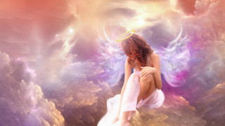Woman kneeling halo wings above 2 - a halo free wallpaper