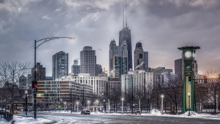City clocktower urban skyline mountain - a few cloud free wallpaper for desktop