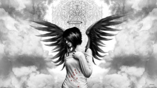 Woman wings clouds hands chest - dark art free wallpaper for desktop