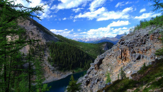 Mountain lake trees clouds sky 2 - a lake in the middle of it free wallpaper for desktop