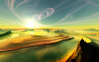 Psychedelic landscape river mountains sunset - a river and mountains free wallpaper