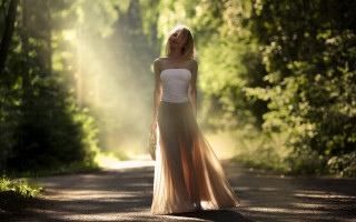 Woman dress forest sunbeams photorealistic - a long dress free wallpaper