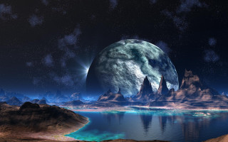 Planet mountains lake space art - blue light free wallpaper