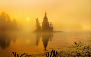 Small island lake church sunset - a small island in the middle of a lake free wallpaper
