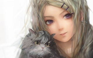 Woman cat lap anime portrait - a cat free wallpaper