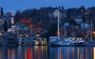 Harbor boats houses night lights - a harbor free wallpaper