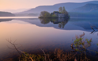 Lake castle mountains fog sunset - archibald skirving free wallpaper for desktop
