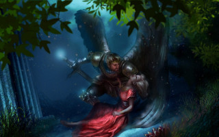 Woman red dress bird forest - dark fantasy art free wallpaper