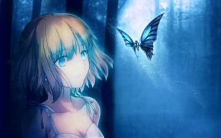 Girl butterfly woods blue glowing - over her free wallpaper