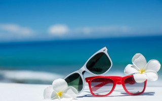 Beach sunglasses flowers blue sky - a pair of sunglasses free wallpaper
