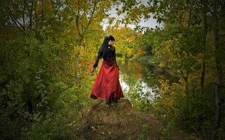 Woman red dress forest river - pre free wallpaper