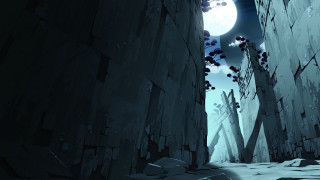 Dark alley full moon rocks - matte painting concept art free wallpaper