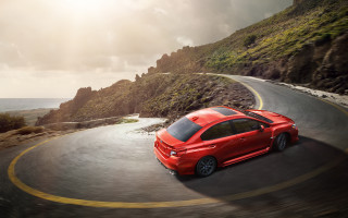 Red car ocean mountain sunny - winding free wallpaper for desktop