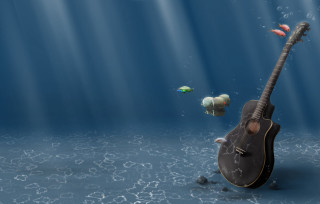 Guitar floating water fish back - a surrealist painting free wallpaper