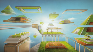 City green buildings trees sky - solarpunk free wallpaper