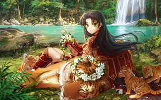 Woman cat waterfall fantasy art - a waterfall in the background free wallpaper