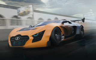 Yellow sports car driving sky - a yellow sports car free wallpaper for desktop