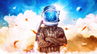 Space suit clouds fire moon - his head in his hands free wallpaper