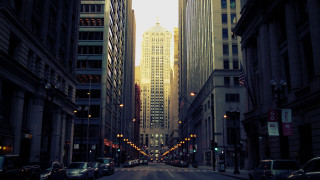 Cityscape tallbuildings trafficlights dusk neonlights - tall building and traffic free wallpaper