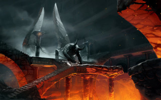 Demonic demon bridge dark cave - flame and smoke free wallpaper