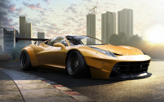 Yellow sports car cityscape sunset - farid mansour free wallpaper