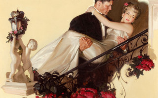 Couple staircase roses statue romanticism - an art deco painting free wallpaper for desktop