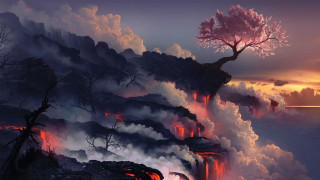 Mountain lava tree sunset cliff - a painting of a tree free wallpaper