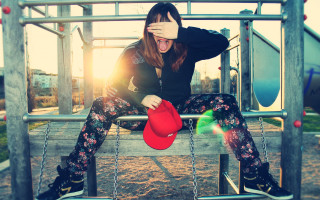 Playground bench woman hat city - a red hat free wallpaper for desktop