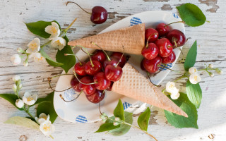Cherries icecream flowers leaves stilllife - betty merken free wallpaper for desktop