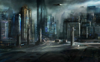 Futuristic city tall buildings plane - free sci-fi wallpaper