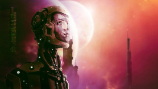 Futuristic woman space suit city - sci fi free wallpaper