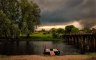 Boat river bridge cloudy sky - river free wallpaper
