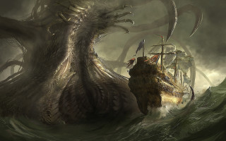 Giant octopus ship battle fantasy - darek zabrocki free wallpaper for desktop