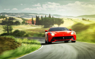 Red sports car country road 2 - scenic free wallpaper for desktop