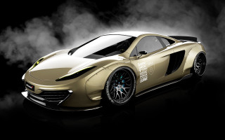 Gold sports car black background - photorealism free wallpaper for desktop