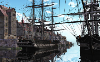 Ship harbor castle birds matte - matte painting free wallpaper