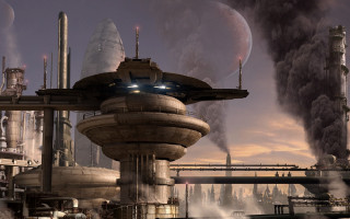 Futuristic city smoke bridge matte - free sci-fi wallpaper