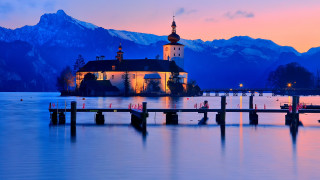 Church lake mountains sunset dock - a lake free wallpaper