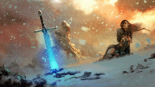 Woman sitting snowy hill sword - a snowy hill free wallpaper