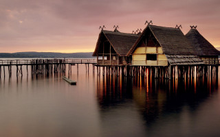 House pier boat sunset mountain - a pink sky in the background free wallpaper for desktop