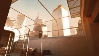 City view window metal railing - a clock tower in the distance free wallpaper